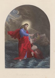 Jesus Kristus vandrar på Galileiska sjön (kolorerad gravyr) av English School
