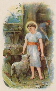 Jesus i snickarverkstaden (färglitografi) av English School