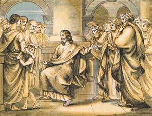 Jesus tillrättavisar de skriftlärda och fariséerna (färgad gravyr) av English School