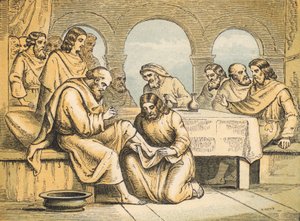 Jesus tvättar sina lärjungars fötter (färgad gravyr) av English School