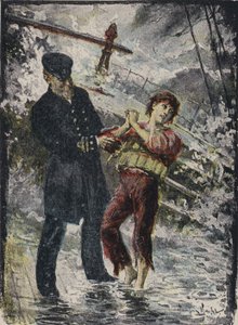 John Alexander Strachan, kapten på ångfartyget Cyprian, gav sin flytväst till en ung fripassagerare innan fartyget förliste i en storm utanför den walesiska kusten 1881 (färg litho) av English School