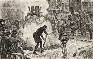 John Bland, John Frankesh, Nicholas Sheterden och Humphrey Middleton brändes levande för kätteri på 1500-talet, ca 1865 (trästick) av English School