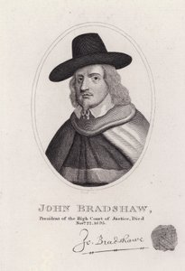 John Bradshaw, engelsk domare som var president för High Court of Justice för rättegången mot kung Charles I 1649 (gravyr) av English School