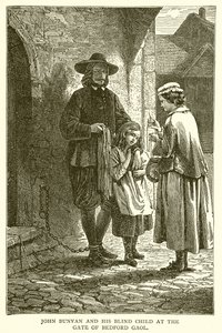 John Bunyan och hans blinda barn vid Gate of Bedford Gaol av English School