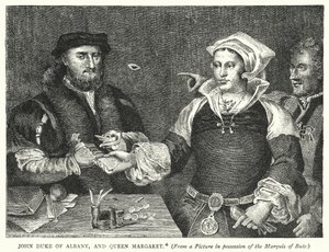 John Duke of Albany och drottning Margareta (gravyr) av English School