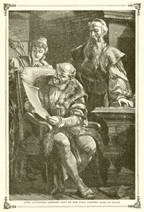 John Gutenberg visar en del av den första tryckta boken till Faust av English School