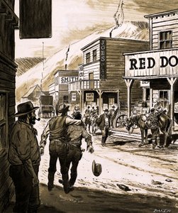 John Sutter upptäckte guld i Sacramento Valley och började den stora guldrushen i Kalifornien 1847 (gouache på papper) av English School