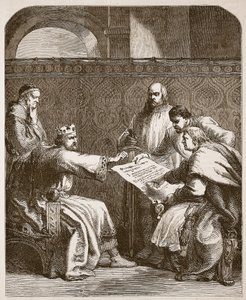 John vägrar att underteckna baronernas artiklar, illustration från Cassells Illustrated History of England (sepiafoto) av English School