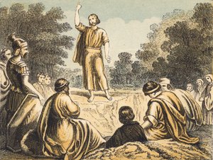 Johannes Döparen predikar (färgad gravyr) av English School