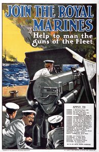 Gå med i Royal Marines - Hjälp till att bemanna flottans vapen, rekryteringsaffisch från första världskriget