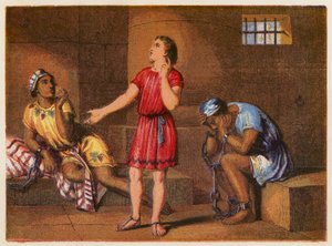 Josef i fängelset (färglitografi) av English School