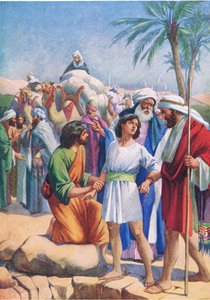 Joseph såldes av sina bröder, från The Bible Picture Book utgiven av Thomas Nelson, ca 1950 av English School