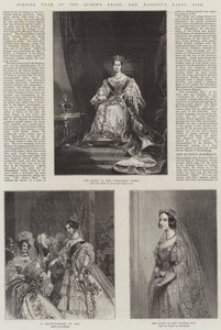 Jubileumsåret för drottningens regeringstid, hennes majestäts tidiga liv (gravyr) av English School