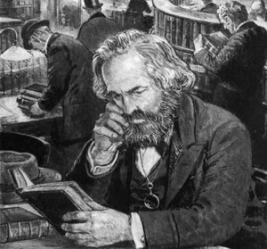 Karl Marx studerar och skriver i läsesalen på British Museum av English School