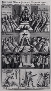 Kong Charles II (1630-85) med parlamentets huse, 1660 swed av English School