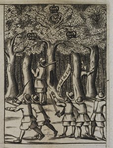 Kung Charles II gömmer sig i Boscobel Woods, från "The History of his Sacred Majestys most Wonderfull Preservation, after the Battle of Worcester" av English School