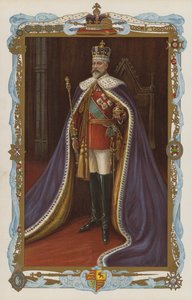 Kung Edward VII i kröningsdräkt (färglitografi) av English School