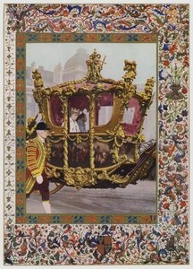 Kung George V och drottning Mary åker i statens buss (färg litho) av English School