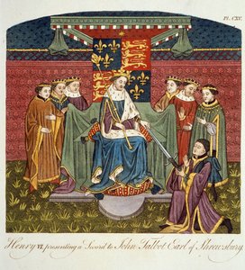 Kung Henrik VI (1421-71) presenterar ett svärd till John Talbot (ca 1388-1453) Earl of Shrewsbury, illustration från The Complete View of the Dress and Habits of the People of England Volym II, publicerad 17 av English School