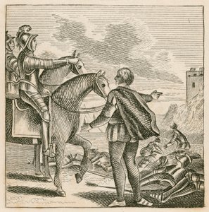 Kung Henry V tittar på slagfältet efter fransmännens nederlag vid Agincourt av English School