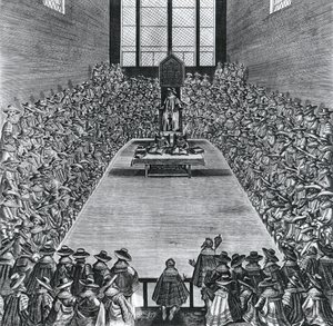 Kung James I (1566-1625) i parlamentets hus, 1624 av English School