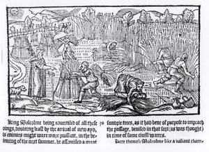 Kung Malcolm av Skottland observerar jordbruksarbete, 1586 av English School