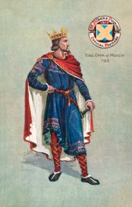 Kung Offa av Mercia 793, St Albans festspel 1907 (färg litho) av English School