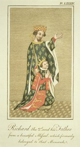 Kung Richard II (1367-1400) med sin far Edward (1330-76) den svarte prinsen, illustration från The Complete View of the Dress and Habits of the People of England Volym II, publicerad 1799 (färgad av English School