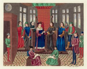 Kung Richard II avsäger sig sin krona och stat (färgad gravyr) av English School