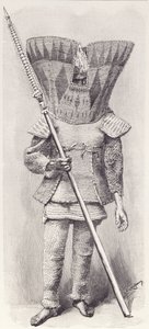 Kingsmill Islander i full rustning, från The History of Mankind, Vol.1, av Prof, Friedrich Ratzel, 1896 av English School