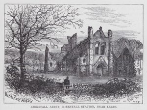 Kirkstall Abbey, Kirkstall Station, nära Leeds (gravyr) av English School