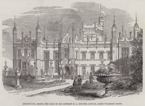 Knebworth, Herts, sätet för Sir Edward E L Bulwer Lytton, Baronet, Garden Front (gravyr) av English School