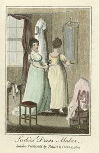 Klänningsmakare för kvinnor, pub. 1804 (handfärgad gravyr) av English School