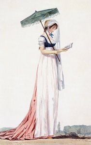 Dam elegant sommarklänning med parasoll, av Delacourt, 1770 (färggravyr) av English School