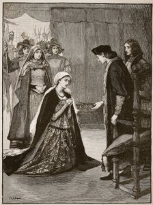 Lady Catherine Gordon före Henry VII, illustration från Cassells Illustrated History of England (sepiafoto) av English School
