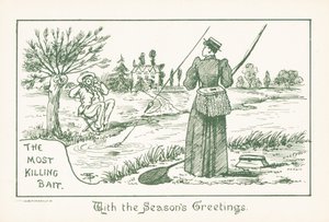 Dam som fiskar bevakad av gentleman, julkort (chromolitho) av English School