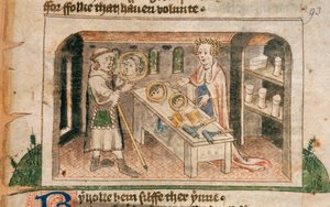Lady Hagiography visar en pilgrim hennes utställning av salvor och toalettartiklar, illustration från den engelska översättningen av 