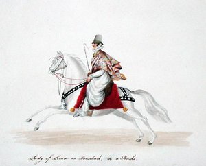 Lady of Lima till häst i en poncho av English School