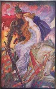 Lancelot bär bort Guenevere, illustration från "The Book of Romance" publicerad av Longmans Green och Co av English School