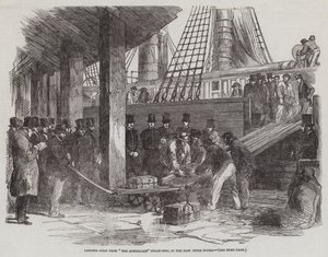 Landar guld från "The Australian" Steam-Ship, i East India Docks (gravyr) av English School