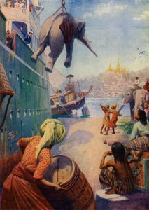 Landning av elefanter i Burma (färglitografi) av English School