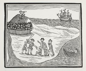 Landning av mutinous crew på ön, illustration från Chap-books of the artonde århundrade av John Ashton, pub. 1882 av English School