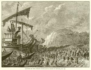 Romarnas landstigning under Julius Caesar i Storbritannien, f.Kr. 55 av English School