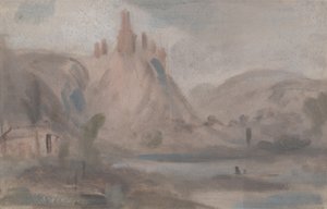 Landskap med ett slott på en kulle, tidigare tillskrivet J.M.W. Turner (1775-1851) och även tillskriven Peter de Wint (1784-1849) (olja på papper) av English School