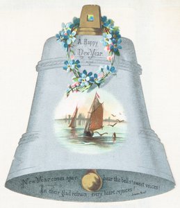 Stor blå klocka med bild av segelbåt, nyårskort av English School