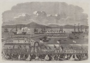 Lägger grundstenen i Albert Harbour, Greenock (gravyr) av English School