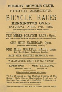 Broschyr som annonserar cykeltävlingar på Kennington Oval, 17 april 1886 av English School