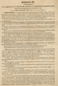 Broschyr som förklarar en resolution från West London Lancasterian Association att börja ge undervisning till barn, augusti 1813 av English School