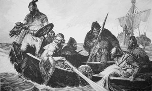Leif Ericson upptäcker stranden av Vinland den gode, förmodligen Newfoundland (gravyr) av English School