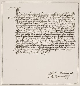 Brev från Cranmer till Cromwell där han tackar honom för att han erhållit Kings auktoritet för Matthews English Bible, 1537, från The Church of England: A History for the People av H.D.M. Spence-Jones, pub. c.191 av English School